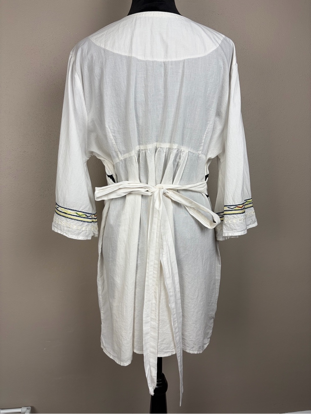 Boho Embroidered Tie Waist Tunic Mini Dress White Caftan Peasant Festival XL/2XL - Picture 5 of 15